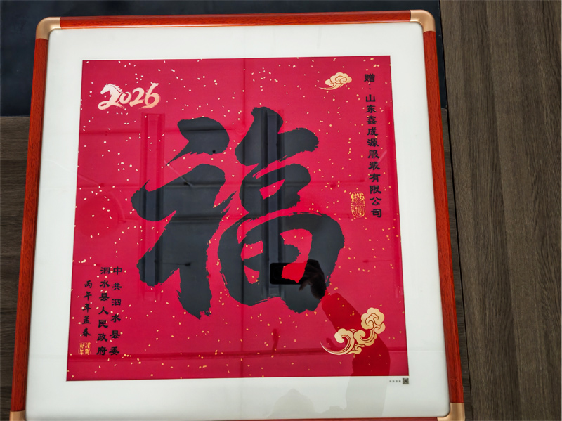 新春送福进企业——泗水县县委县政府向山东鑫成源服装有限公司送福字